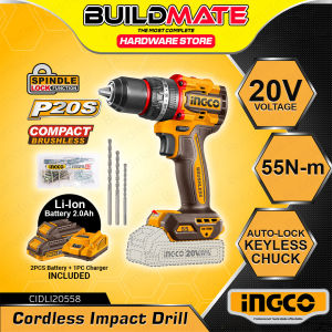 BUILDMATE Ingco 55Nm 20V Compact Brushless Cordless Impact Drill with Accessories 2-Speed Metal Chuck ICPT