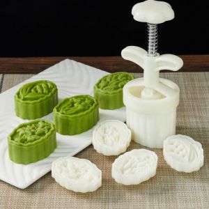 WU552 มือกด ลิลลี่แห่งหุบเขา mooncake Mold พลาสติกทำจากพลาสติก สีขาวขาว แม่พิมพ์แสตมป์นูน โอเรียนเต็ล รูปแบบ maamoul แม่พิมพ์ขนมไหว้พระจันทร์ การอบ