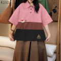 ZANZEA Women Vintage Casual Turn-Down-Collar Shirt Raglan Sleeve Cartoon Print Casual Top #0922. 