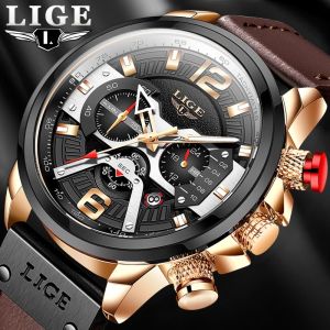 LIGE Men Watch Fashion Luxury Leather Chronograph Sport Watch For Man Date Waterproof Quartz Clock Jam Tangan Lelaki + Box