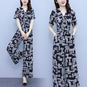 Impress Áo Liền Quần Dài Tay Ngắn Cổ Chữ V Họa Tiết Hàn Quốc Thanh Lịch Thời Trang Cho Nữ Áo Liền Quần Ống Rộng Cạp Cao