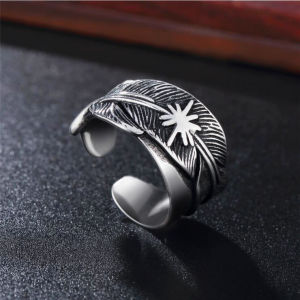 Cincin Pria Motif Bulu / Feather Men Ring Gaya Retro Hip Hop Model Terbuka