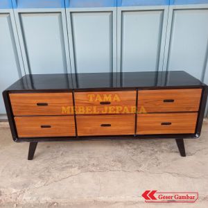 Bufet TV Minimalis Retro Kayu Jati Warna Hitam Kombinasi Natural