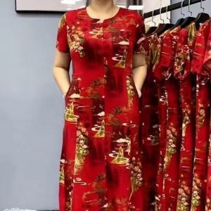 Womens Dress Fashionable Buckle Patterned Elastic Middle-aged and Elderly Dress