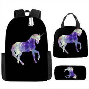 New Unicorn Childrens Backpack Three-Piece Set Elementary and Middle School Student Schoolbags Cartoon Lunch Bag Anime Pencil
