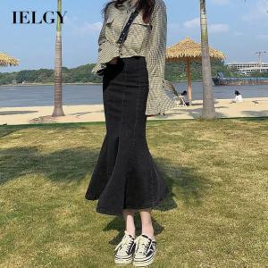 IELGY Black high waist denim mermaid skirt womens A-line