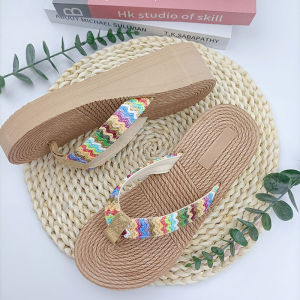 [Free Shipping] New PP straw height-increasing thick-soled flip-flops for women suitable for vacation and outdoor wear imitation straw beach shoes simple and stylish wedge sandals