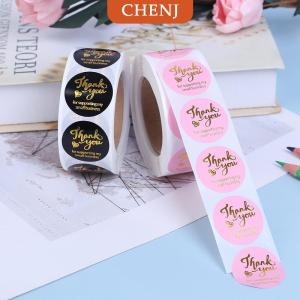 [COD] CHENJ สติกเกอร์ขอบคุณ500ชิ้นตราประทับตกแต่งงานแต่งงานประทับร้อนสีชมพูป้ายทรงกลมสีดำ