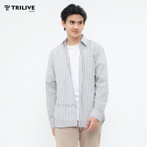 TRILIVE - Kemeja Casual Pria  / Kemeja Garis Biru Blue Katun Lengan Panjang