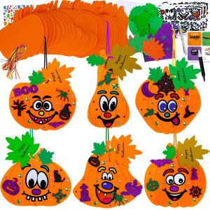 Winlyn 36 Sets Fall Halloween Pumpkin Decorations DIY Pumpkin Craft Kits Foam Pumpkin Shapes with Jack-O-Lantern Face Glitter Halloween Stickers Maple Leaf for Kids Party Favors Classroom Activities
