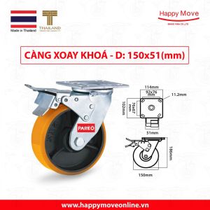 Bánh xe tải nặng PU càng xoay khóa kép 100-125-150-200mm - Happy Move Thái Lan