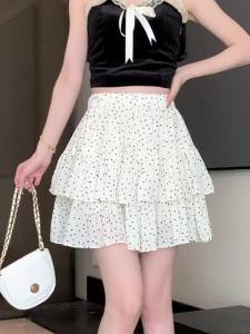 Ammin váy tầng in Chấm Bi Polka cạp cao co giãn mùa hè 2024 cho cho nữ phiên bản Hàn Quốc Váy chống trượt thanh lịch chữ A peplum ngọt ngào