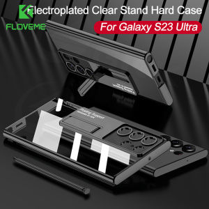 FLOVEME Plating Transparent Hard Phone Case For Samsung Galaxy S23 Ultra S22 Ultra S23 Plus 5G With Bracket Lens Full Protection Clear Hard PC Back Cover For Samsung S23