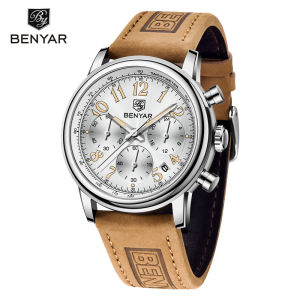 BENYAR Chronograph Quartz Watch For Men 42MM Dial Brown Leather Strap Waterproof Luminous Calendar Casual Wristwatch BY-5190