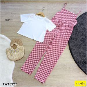 CC 10927 ชุดเซท เสื้อยืด + เอี๊ยมจั้มสูทลายสก็อตขายาว ใส่เที่ยว ใส่เดินห้าง (ฟรีไซส์ M อก 32-36 เอว26-32 สพ36-40 ยาว56)