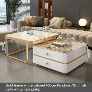 Light Luxury Slate Coffee Table Home Living Room Modern Retractable Marble Glass Coffee Table with Double-layer Storage Cabinet Side Table