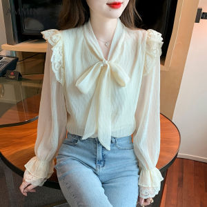 AMMIN 2023 spring new ruffle stitching French V neck with bow tie chiffon shirt womens Korean style embroidered crochet lace stitching flared sleeves sweet and elegant blouse female ins tops