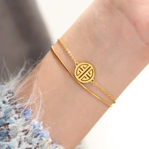 OYJR สร้อยข้อมือผู้หญิงสแตนเลส 18k ทองจีน "FU" รูปแบบความหมายโชคดี