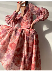 Alisa.Sonya (SIZE UP)Womens Romantic French Print Dress A-line Skirts Light Luxury Senior Beaded Dress MIDI Skirt