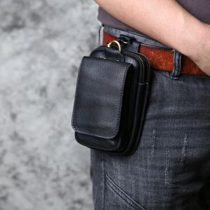 NZPJ Genuine Leather Mens Waist Bag Top Layer Cowhide Fashion Hook Bag Leisure Belt Bag 6.5-inch Mobile Phone Bag2026