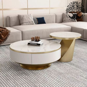 Bàn trà sofa bàn phòng khách bàn cafe nội thất nhập khẩu mẫu bàn đôi hộp tủ vân gỗ mặt tròn ceramic chân sắt mạ vàng