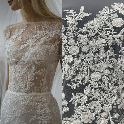 White Lace Beaded Sequined Florettes Lace Fabric (Per Yard)