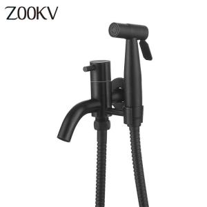 ZOOKV Bathroom Double 1 in 2 Out Water Tap Faucet 304 Stainless Steel Wall Mount Mounted Toilet Black P17B