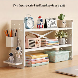Desk Hole Board Organizer with Side Hooks for Stable Storage. Features include multiple shelves hooks for hanging items and a compact design for organizing books stationery and decorative objects.