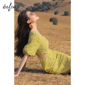 Korean High-End Dress puff long black French Square pink green tops yellow Simple Short Sleeve Dress Yellow daisy puff sleeve long Casual floral summer dress for women infinity dress for woman casual plus size dress summer outfit bodycon
