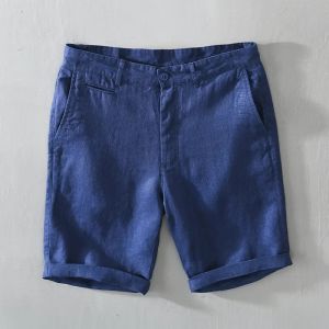 L8216 Mid Waist Linen Beach Shorts Summer Men Simple Business Casual Straight Pockets Solid Color Zipper Work Knee Length Pants2026