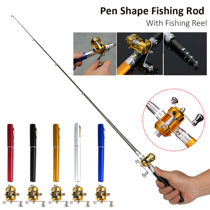 Qaao[Ready Stock]Portable Pocket Telescopic Mini Fishing Pole Pen Shape  Folded Fishing Rod With Reel Wheel