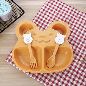 Baby Cutlery Baby 3Pcs/Set Plate+Spoon+Fork Kids Food Tableware Wheat Straw Cartoon Cute Bear Storag For Baby Children