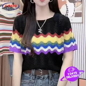 Z-ONER Knitted Tshirt for Women Rainbow Striped T-shirt Hollow Top