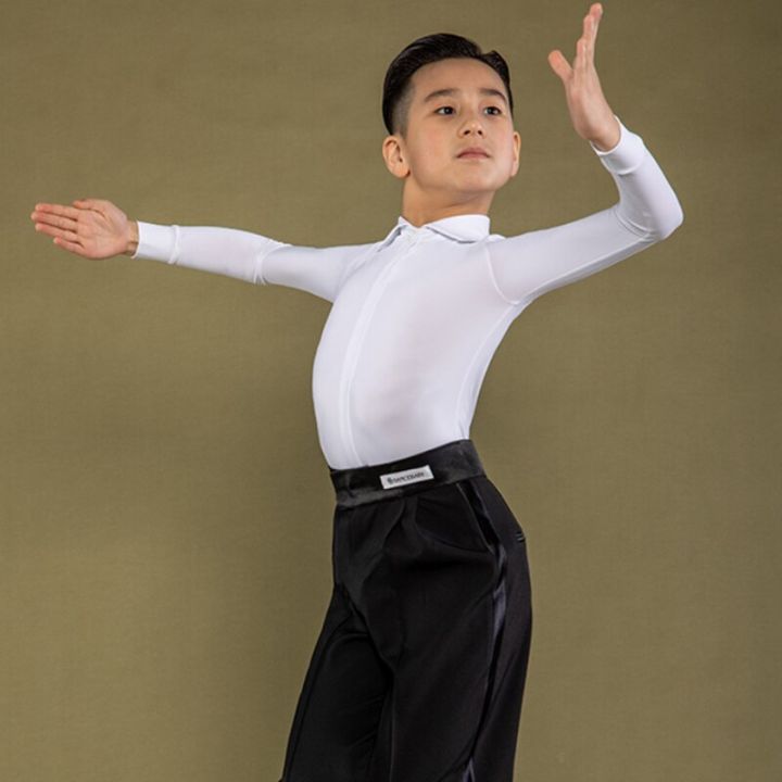 2021 Kids Latin Ballroom Dancing Costume White Shirt Boys Latin Competition  Tops Professional Cha Cha Tango Dance Clothes