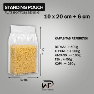 ( 10 Pcs ) Standing Pouch Flat Bottom Bening I Kemasan Kopi Snack I Kemasan Ziplock Bening