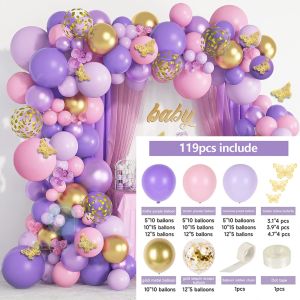 119pcs Purple Pink Gold Butterfly Balloon Garland Set for Birthday Party Decorations