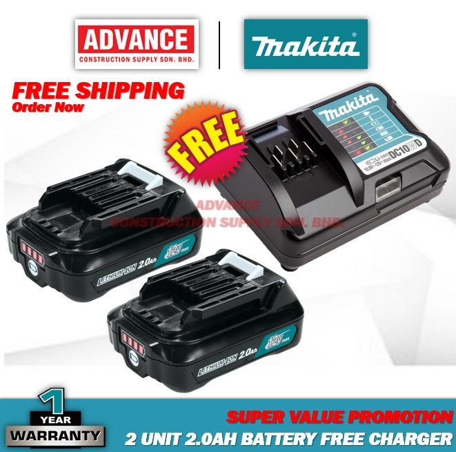 FengWings® BL1021B Battery 2.0A, Replace For Makita 12V Battery With Charger DC10WD Charger 12V 10.8V BL1015 BL1016 BL1021B BL1041B BL1020B / DF031D DF0331D TD110D JR103D JR105D HSS01D