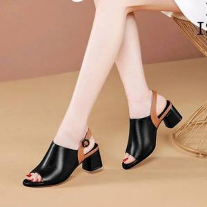 Womens Medium Heel Sandals Soft Leather Thick Heel Buckle Strap Sandals