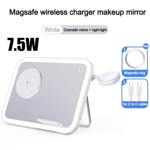 ZUZG Qi2 3-in-1 Wireless Charger with Makeup Mirror & LED Light – Portable Charging Station for iPhone Apple Watch AirPods & Galaxy Buds – Cosmetic Mirror for Women Night Light Function Fast Charging