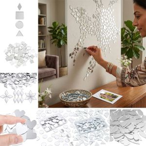 MAGIC WAND FOREBODE75DE7 200PCS Multi Shape DIY Craft Mirror Stickers Round Square Triangle Acrylic Mirror Tiles Decals Creative DIY Accessories Mirror Wall Art Stickers Home Decoration