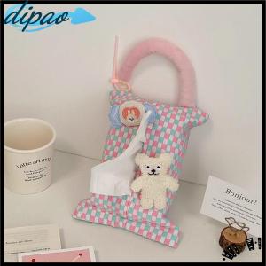 【dipao】 Pink Plaid Fabric Tissue Box Portable Hanging Tissue Case Living Room Container Home Car Towel Napkin Holder Home Decoration