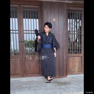 Japanese Traditional Samurai Kimono For Men Yukata Bathing Robe Hekoobi Loose Style Sauna Wear Homewear Belt Long Gown Cotton