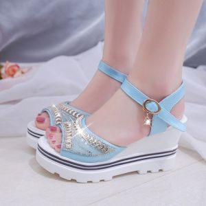 WomenS Summer New Korean Style Rhinestone Peep-Toe Buckle Platform Thick-Soled Roman Sandals