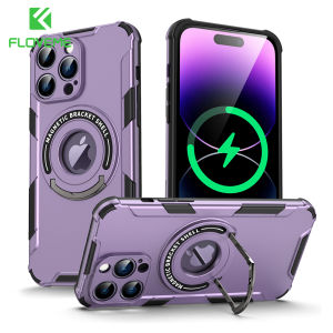 FLOVEME Luxury Hybrid Armor Magsafe Holder Stand Phone Case For iPhone 15 14 13 12 11 Pro Max 15 14 Plus Wireless Charging Full Protection Hard PC Anti-fall Shockproof Bumper Back Cover For iphone 15 14 13 12 11