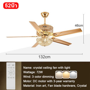 Gogeous 42/52inch ceiling fan with light modern ceiling fan 5 blades big size strong wind 3 color dimming silent crystal ceiling fan with led light heavy duty fan light ceiling fan with lights and remote  for living room dining room bedroom