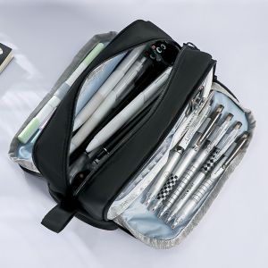 GIORGIONE Large-Capacity Dual-side Open Pen Bag Minimalist Zipper 4 Compartments Pencil Case Ins Style Durable Portable Handle Storage Pouch for Stationery