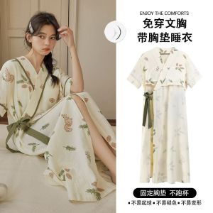 High End Woman Kimono Sleeping Robe Summer New Sweet V Neck Sleeping Dress with Chest Cushion Plus Size Womens Mid Long Bathrobe Loose Home Maternity Clothes