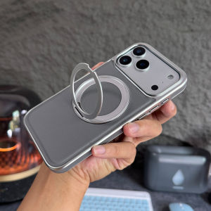 Bracket Soft Leather Case for iPhone 17 16 Pro Max Magne Matte Phone Cases Luxury Plating Frame Cover Non-slip Pu Shell Coque