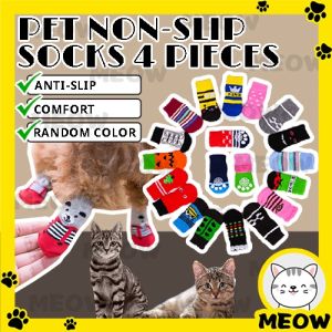 MEOW 4pcs Dog Cat Socks New Year Pet Socks Non-Slip Teddy cat cute dog foot cover Stoking Kucing Anjing Cotton Socks