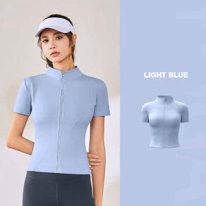 FUYOGI Yoga Top for Women Workout Sports Gym Short Sleeve Zipper High Elasticity Tight Fitting